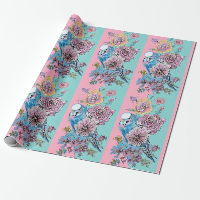 Blue Budgie Roses art flowers Watercolor Wrapping  Wrapping Paper (Unrolled)