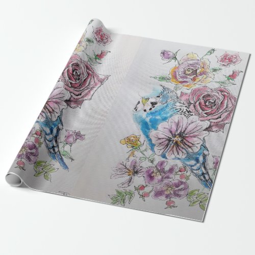 Blue Budgie Roses art flowers Watercolor Wrapping Wrapping Paper