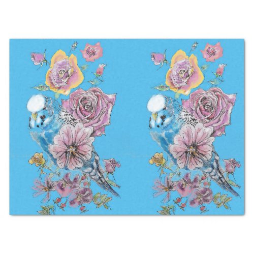 Blue Budgie Roses Floral Pattern Blue Tissue Paper