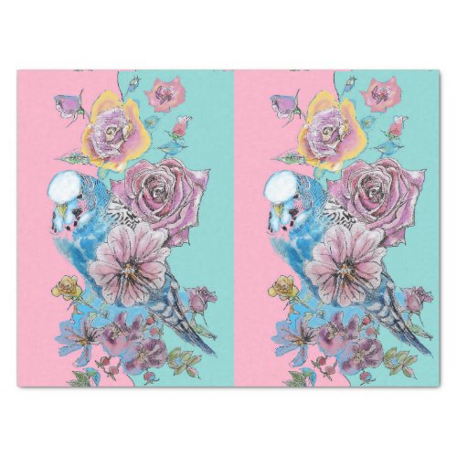 Blue Budgie Roses Floral Pattern flower Watercolor Tissue Paper