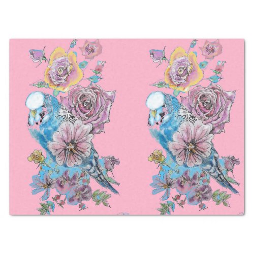 Blue Budgie Roses Floral Pattern Pink Tissue Paper