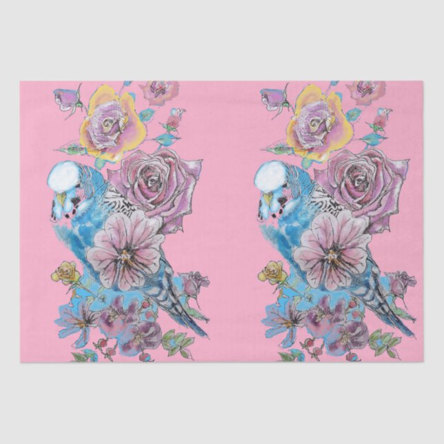 Blue Budgie Roses Floral Pattern Pink Tissue Paper (Front)