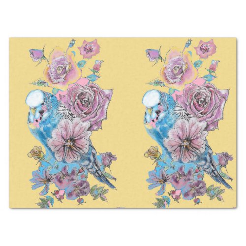Blue Budgie Roses Floral Pattern Yellow Tissue Paper