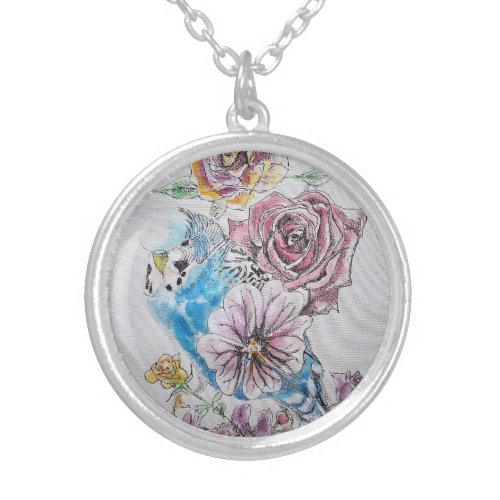 Blue Budgie  Roses floral Romantic gift Necklace