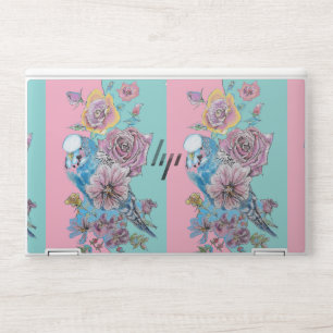 Blue Budgie Roses Flower Floral Watercolor Art HP Laptop Skin
