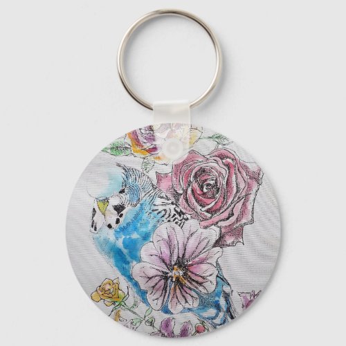 Blue Budgie  Roses Watercolor Art Key Ring