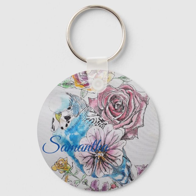 Blue Budgie & Roses Watercolor Girls Name Key Ring (Front)