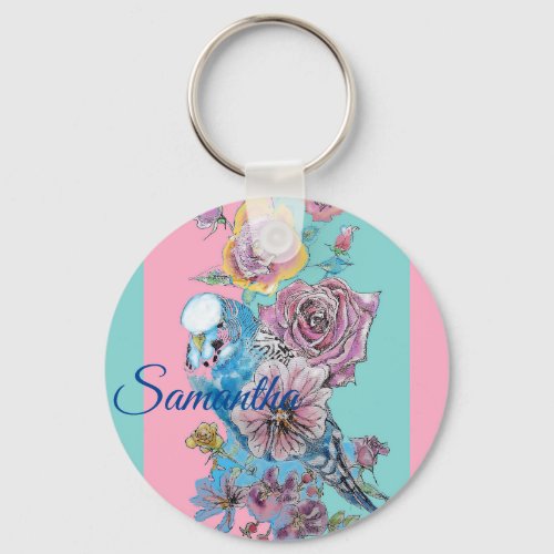 Blue Budgie  Roses Watercolor Girls Name Key Ring