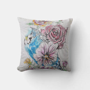 Blue Budgie & Roses Watercolour bird Decor Cushion