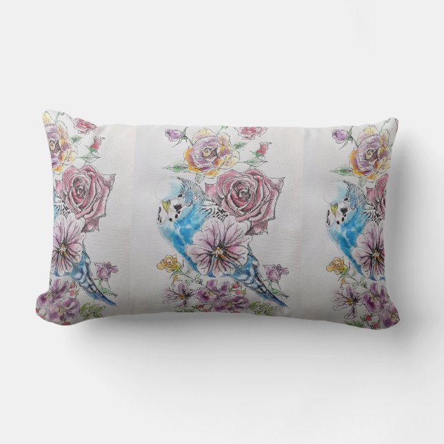 Blue Budgie & Roses Watercolour bird Decor Cushion (Front)