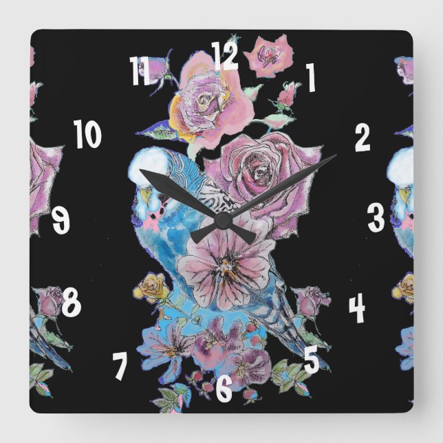 Blue Budgie Watercolor Black Womans Office Clock (Front)