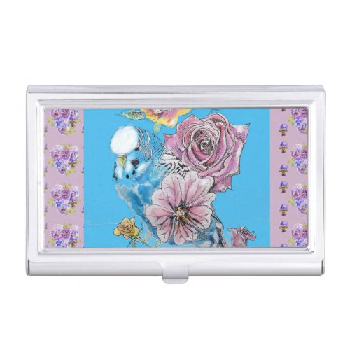 Blue Budgie Watercolor floral Business Card Holder