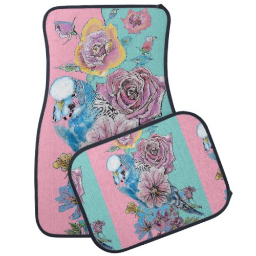 Blue Budgie Watercolor floral Girls Car Floor Mats