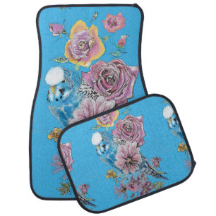 Blue Budgie Watercolor floral Girls Car Floor Mats