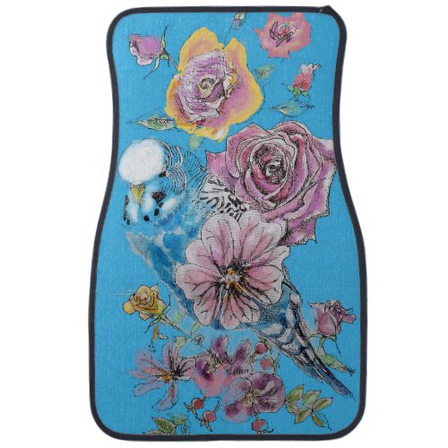 Blue Budgie Watercolor floral Girls Car Floor Mats