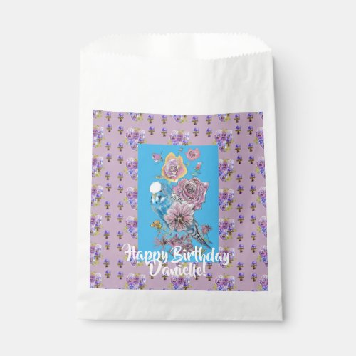 Blue Budgie Watercolor floral Girls Favor Bags