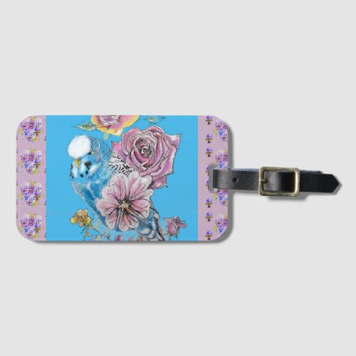 Blue Budgie Watercolor floral Girls Luggage Tag