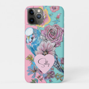 Blue Budgie Watercolor floral Girls Pink Aqua iPhone 11 Pro Case
