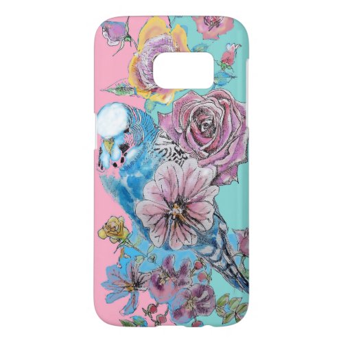 Blue Budgie Watercolor floral Girls Pink Aqua Samsung Galaxy S7 Case