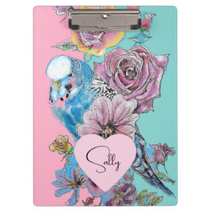 Blue Budgie Watercolor floral Girls Pink Aqua Clipboard
