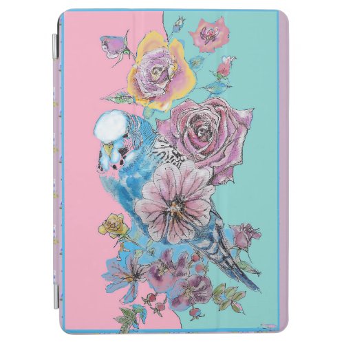 Blue Budgie Watercolor floral Girls Pink Aqua iPad Air Cover