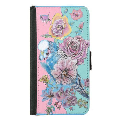 Blue Budgie Watercolor floral Girls Pink Aqua Samsung Galaxy S5 Wallet Case