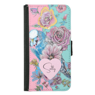 Blue Budgie Watercolor floral Girls Pink Aqua Samsung Galaxy S5 Wallet Case