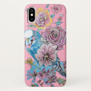 Blue Budgie Watercolor floral Girls Pink iPhone X Case