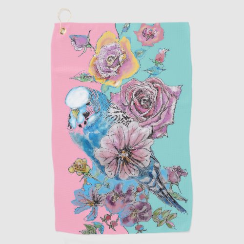Blue Budgie Watercolor floral Girls Pink Golf Towel