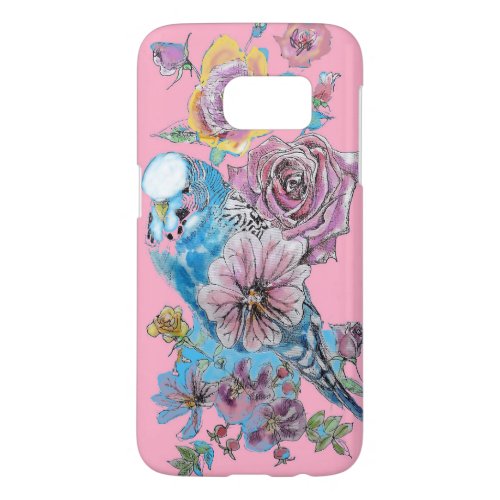 Blue Budgie Watercolor floral Girls Pink Roses Samsung Galaxy S7 Case