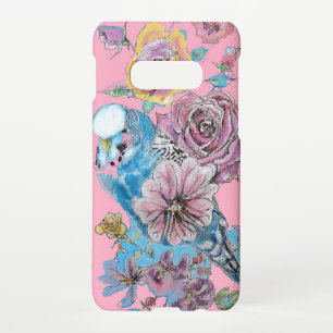 Blue Budgie Watercolor floral Girls Pink Roses Samsung Galaxy S10E Case