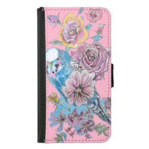 Blue Budgie Watercolor floral Girls Pink Roses Samsung Galaxy S5 Wallet Case