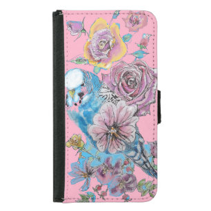 Blue Budgie Watercolor floral Girls Pink Samsung Galaxy S5 Wallet Case