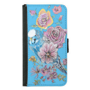Blue Budgie Watercolor floral Girls Pink Samsung Galaxy S5 Wallet Case