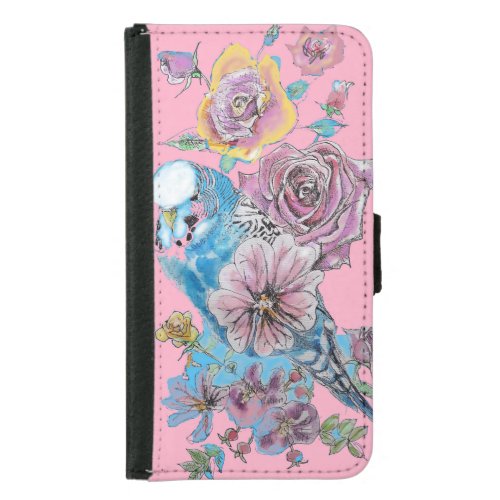 Blue Budgie Watercolor floral Girls Pink Samsung Galaxy S5 Wallet Case