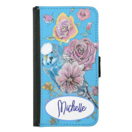 Blue Budgie Watercolor floral Girls Rose Roses Samsung Galaxy S5 Wallet Case