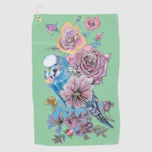 Blue Budgie Watercolor floral Green Womens Golf Towel