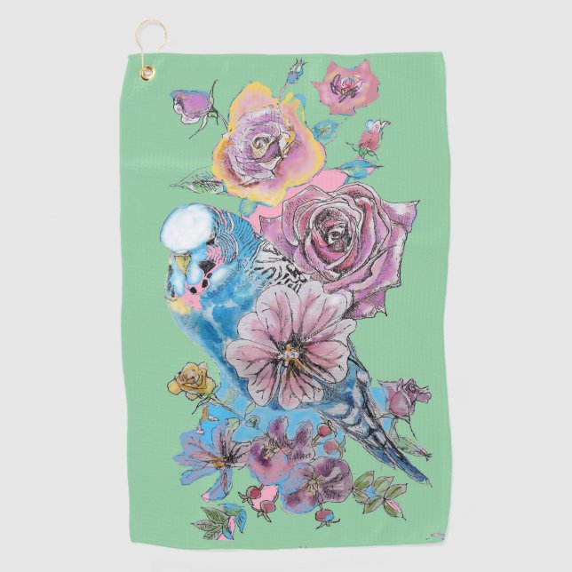 Blue Budgie Watercolor floral Green Womens Golf Towel (Front)