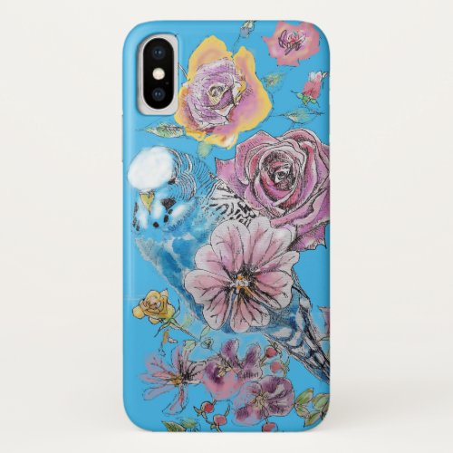 Blue Budgie Watercolor floral iPhone  iPhone XS Case