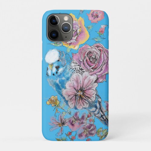 Blue Budgie Watercolor floral iPhone iPhone 11 Pro Case