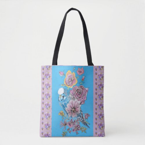 Blue Budgie Watercolor floral Ladies Art Tote Bag