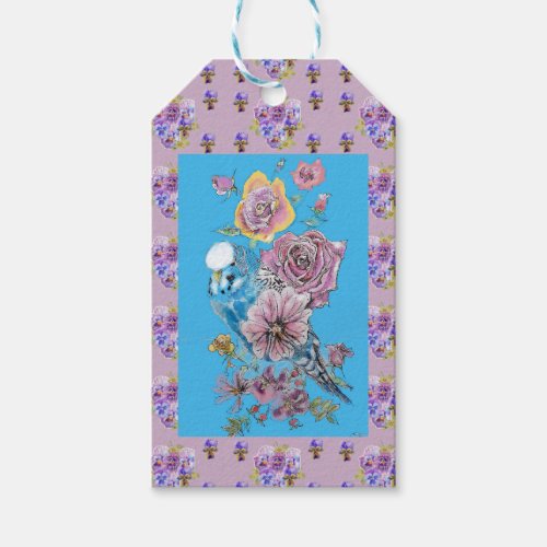 Blue Budgie Watercolor floral Ladies Gift Tag