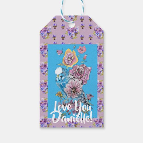 Blue Budgie Watercolor floral Ladies Gift Tag