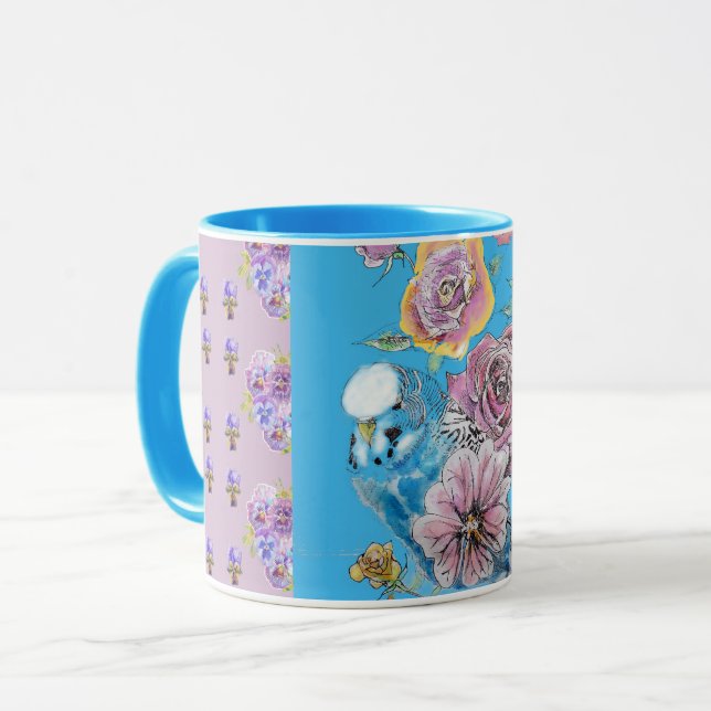 Blue Budgie Watercolor floral Ladies Girls Mug (Front Left)