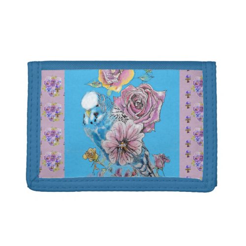 Blue Budgie Watercolor floral Ladies Girls Wallet