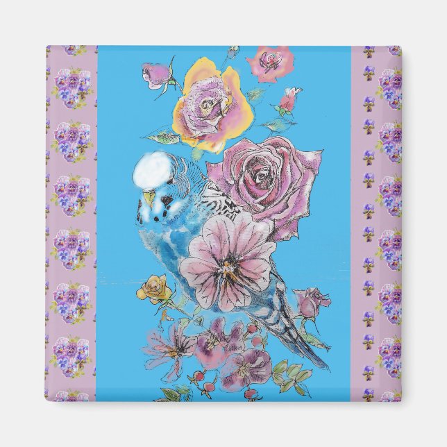 Blue Budgie Watercolor floral Ladies Magnet (Front)