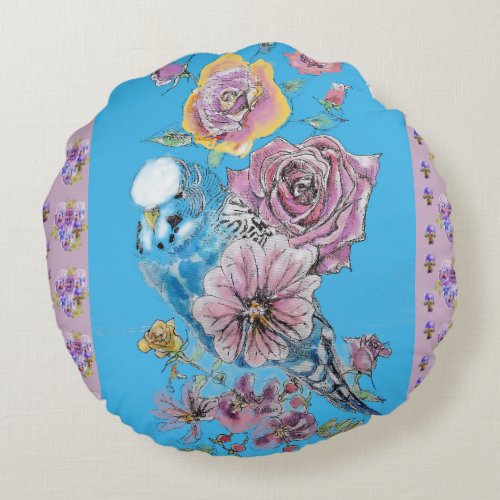 Blue Budgie Watercolor floral Ladies Round Cushion