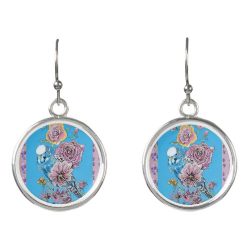 Blue Budgie Watercolor floral Ladies Round Earings Earrings