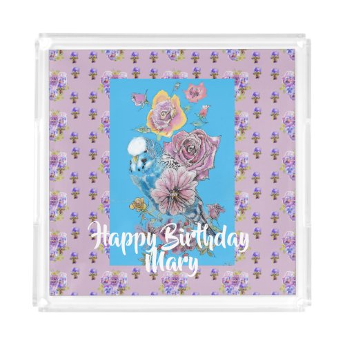 Blue Budgie Watercolor floral Ladies Tray