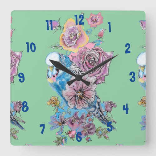 Blue Budgie Watercolor Green Womans Office Clock
